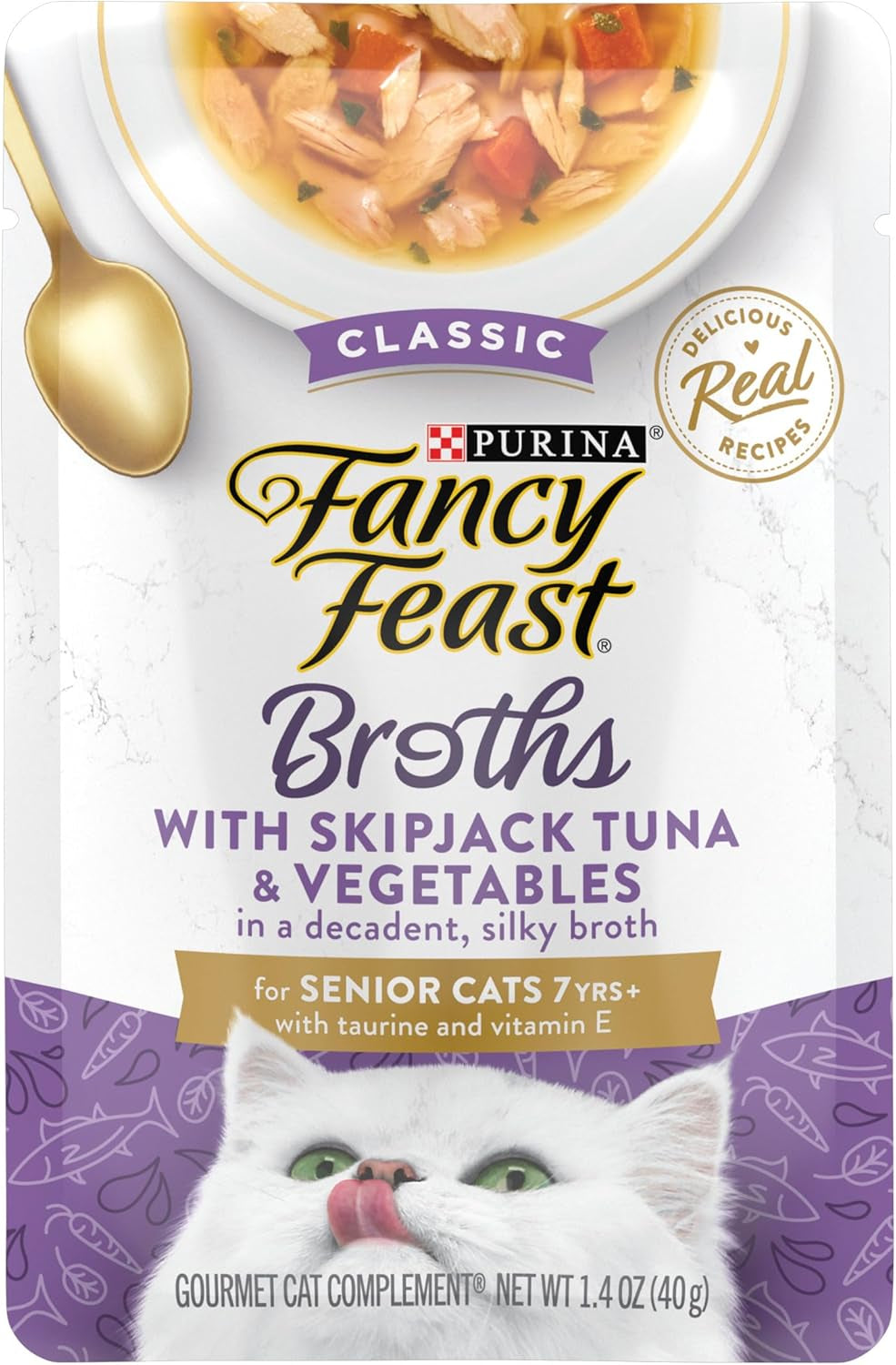 Purina  Lickable Senior Wet Cat Food Broth Topper Classic with Skipjack Tuna and Vegetables - (Pack of 16) 1.4 Oz. Pouches